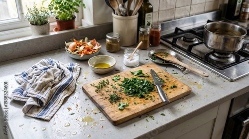 Fresh Ingredients and Cooking Utensils on a Kitchen Countertop