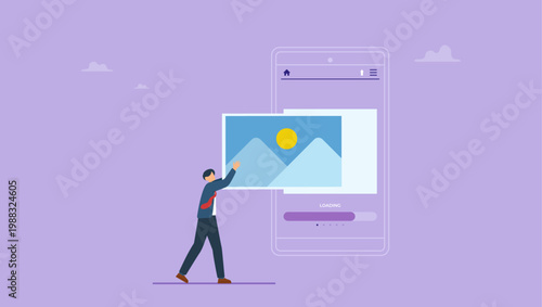 Man uploading a photo or identity to a website or application on a smartphone. Online devices information and data to social networks with cloud service.