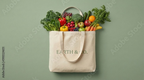 Minimal grocery bag filled with fresh vegetables isolated on green background.