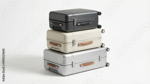 Minimalist stack of modern suitcases isolated on clean background, travel and vacation concept.