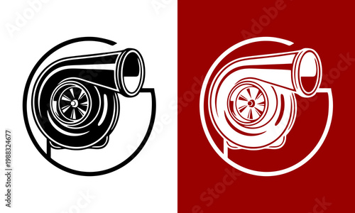 Vector graphic of a turbocharger inside a circle with a black and white and red and white variant
