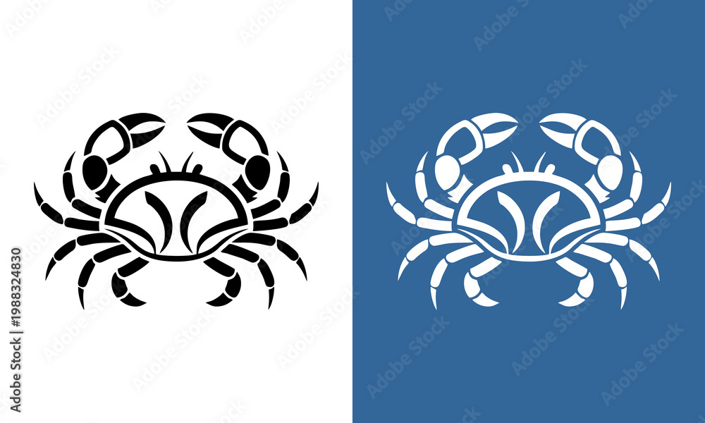 Fototapeta premium Elegant black and white stylized crab icon and its negative space counterpart on a deep blue background, perfect for astrology, seafood, or marine branding