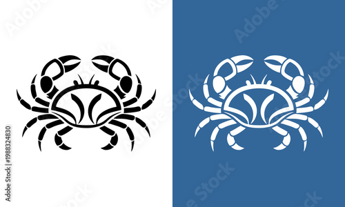 Elegant black and white stylized crab icon and its negative space counterpart on a deep blue background, perfect for astrology, seafood, or marine branding