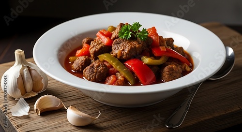 A savory dish of meatballs and vegetables in a white bowl on a wooden cutting board with garlic.