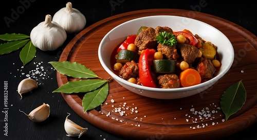 Delicious stew with meat and vegetables on a wooden plate with garlic