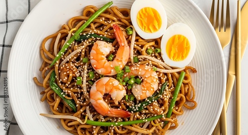 Shrimp noodles with boiled egg on a plate ready to eat indoors on table