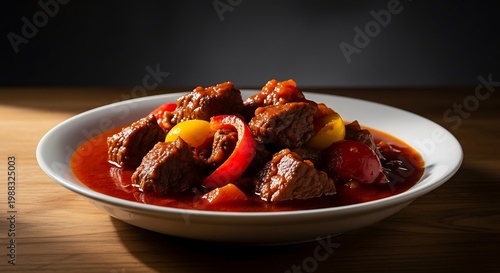 A savory dish of meatballs and peppers in a rich tomato sauce served on a white plate.