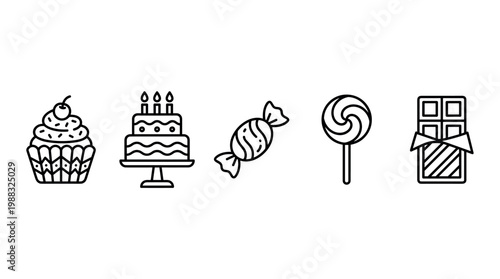 Sweet dessert candy food icons set with cupcake, birthday cake, wrapped candy, lollipop, and chocolate bar in a simple outline style.