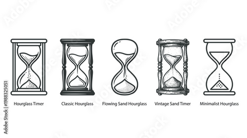 Five distinct hourglasses and sand timers are depicted in a collection of black and white line art illustrations, showcasing various styles and designs.