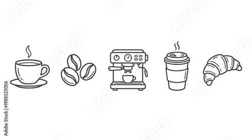 Coffee breakfast icons set featuring various morning elements like a steaming cup, beans, espresso machine, takeaway drink, and a delicious croissant.