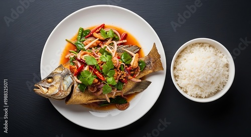 Delicious seafood dish with fish and rice on a plate overhead