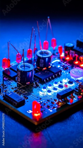 Illuminated electronic circuit board with various components like LEDs, chips, and capacitors, glowing with red and blue light