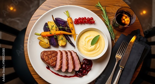 A delicious dish of steak and vegetables on a plate with sauce