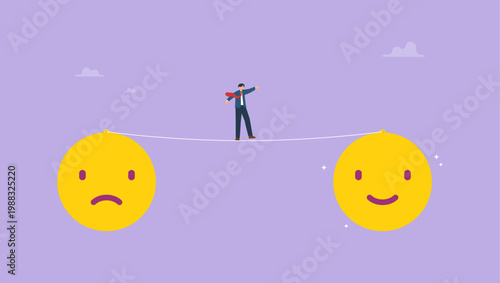 Businessman walks on thin rope to positive feeling. Metaphor for getting rid of negativity and improving mental state. Emotional balance and harmony concept.