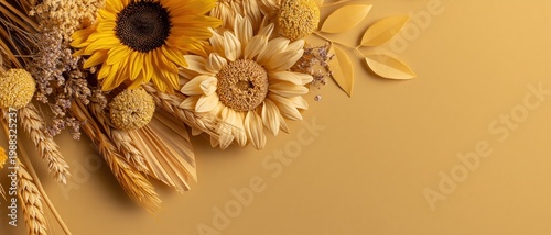 Wallpaper Mural Generative AI, Sunflower Dried Botanical Flat Lay Yellow Ochre Background with Copy Space Torontodigital.ca