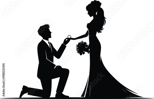 Romantic wedding proposal silhouette featuring a man on one knee giving an engagement ring to a woman in a gown for love and marriage concepts.