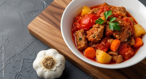 Delicious stew with meat, carrots, potatoes, and tomatoes on a wooden board