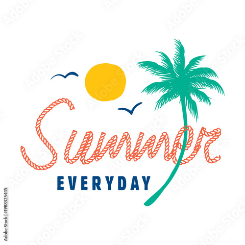 Summer Everyday vector illustration with rope typography, palm tree, and sun in nautical beach style.