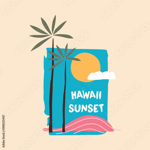 Hawaii Sunset minimalist vector illustration with palm trees and sun in retro aesthetic style.