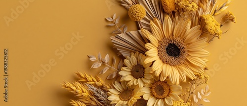 Wallpaper Mural Generative AI, Sunflower Dried Botanical Flat Lay Yellow Ochre Background with Copy Space Torontodigital.ca
