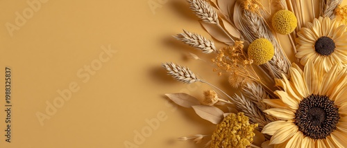 Wallpaper Mural Generative AI, Sunflower Dried Botanical Flat Lay Yellow Ochre Background with Copy Space Torontodigital.ca