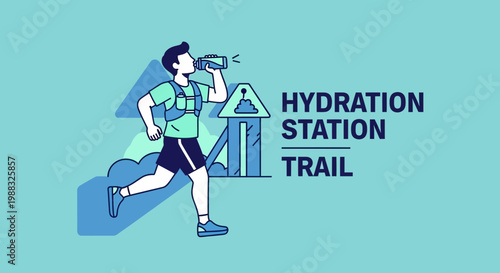 Runner Replenishing Fluids at Trail Hydration Station Cartoon Style Illustration