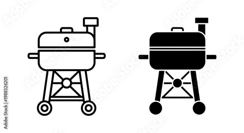 Barbecue grill icon set, vector illustration of charcoal bbq grill with lid and chimney, outline and solid black style