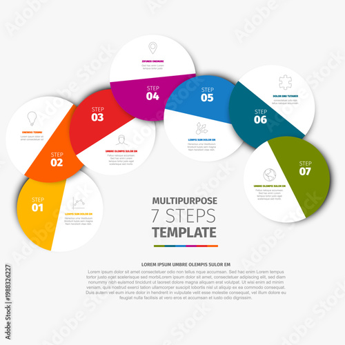 This infographic template features 7 steps in a circle design for business or marketing. Navigate through each circle and step within the multipurpose infographic template layout.