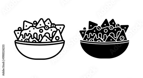 Set of nachos icons, mexican food, tortilla chips with cheese sauce in a bowl, vector illustration, flat style design