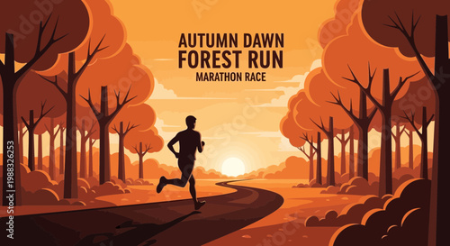 Runner Sprinting Through Forest During Sunrise For Marathon Race In Autumn Season