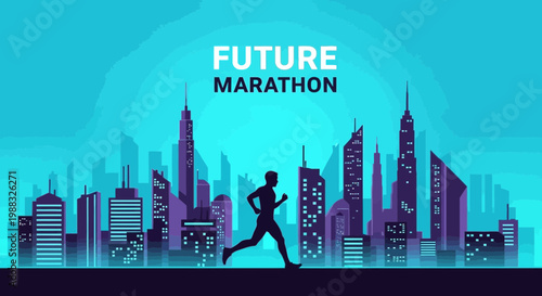 Runner Silhouetted Against Future Cityscape Depicting Active Marathon in Modern Urban Landscape