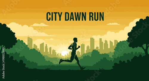 Runner Silhouetted at Dawn in City Park, Against a Stunning Orange and Green Backdrop