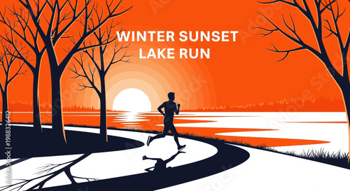 Runner Silhouetted As Jogging On Lakeside Trail During The Winter Sunset