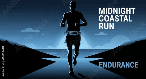 Runner Silhouetted at Midnight Coastal Run, Symbolizing Strength and Endurance