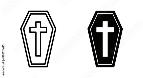 Set of two coffin icons with a cross, outline and solid black style, funeral and death concept, vector illustration