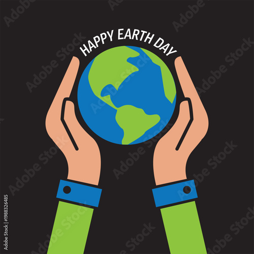 Celebrate Happy Earth Day with this flat design illustration featuring hands holding the globe. This Earth Day graphic emphasizes conservation and protecting our planet globe.