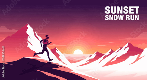 Runner Sprinting Across Snowy Mountain Peaks During A Vibrant Sunset, Silhouette