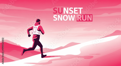Runner Sprinting Across Snowy Terrain During a Spectacular Sunset Race Event