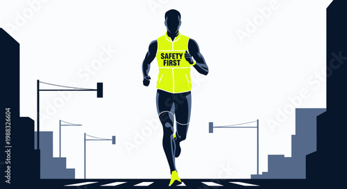 Runner Wearing Safety Vest Running Through City Streets Depicting Urban Safety Awareness