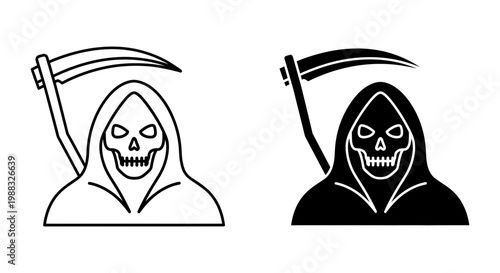 Grim reaper icon set, death character with scythe, vector illustration