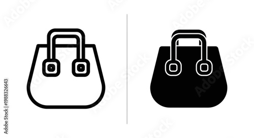 Handbag and tote bag icon set in outline and solid glyph styles, fashion accessory symbols for web and app design