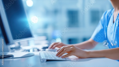 Healthcare worker using computer in hospital office