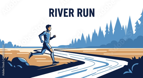Runner Sprinting Along River In Nature With Trees And Recreational Activity Signage
