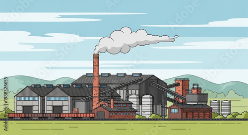 Industrial Factory with Smoke Emitting from Chimney.
