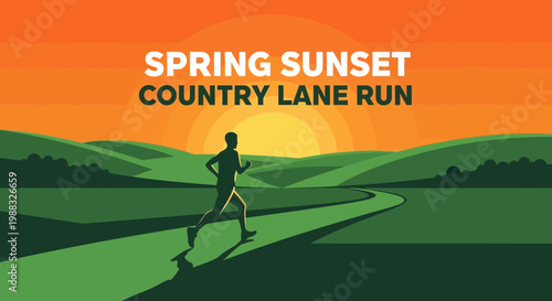 Runner Sprinting Along Road At Sunset In Green Countryside, Active Lifestyle