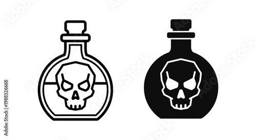 Poison bottle icon set, vector illustration of toxic liquid container with skull symbol, outline and solid black style