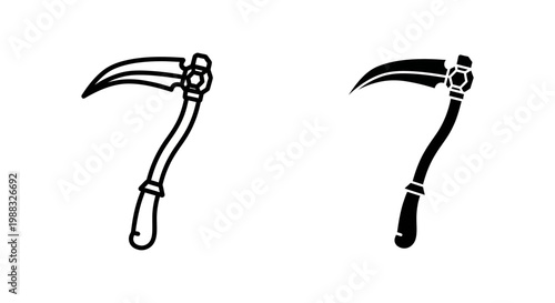 Set of scythe icons, hand tool for harvesting crops, agricultural equipment, vector illustration