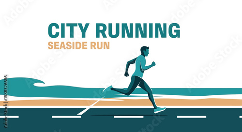 Runner Sprinting Along The Seashore Near The Ocean On A Bright Sunny Day in Summer