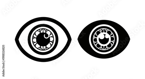 Set of two abstract eye icons, stylized human eyes with intricate iris details, vector graphic design elements