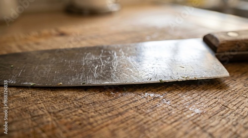 Close-Up of a Kitchen Knife on a Wooden Cutting Board